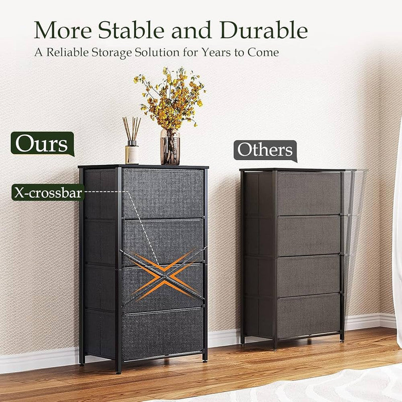 Downtown 4 Drawer Fabric Storage Organizer Tower with Steel Frame Vertical Dresser for Bedroom Living Room Closet Space Saving Cabinet