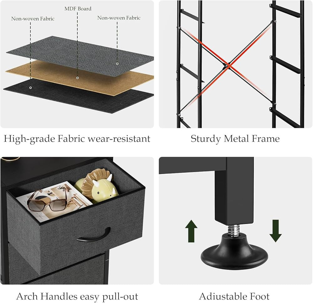 Downtown 4 Drawer Fabric Storage Organizer Tower with Steel Frame Vertical Dresser for Bedroom Living Room Closet Space Saving Cabinet