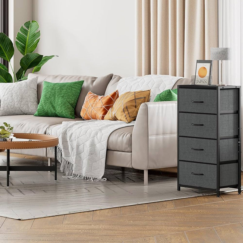 Downtown 4 Drawer Fabric Storage Organizer Tower with Steel Frame Vertical Dresser for Bedroom Living Room Closet Space Saving Cabinet