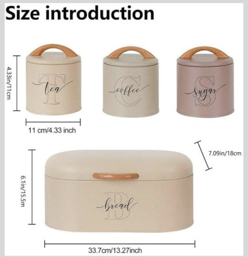 Downtown Bread Box with 3 Storage Canisters Set Metal Kitchen Storage Container Set for Bread Tea Coffee Sugar