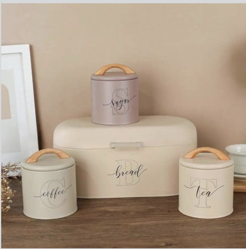Downtown Bread Box with 3 Storage Canisters Set Metal Kitchen Storage Container Set for Bread Tea Coffee Sugar
