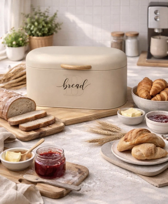 Downtown Bread Box with 3 Storage Canisters Set Metal Kitchen Storage Container Set for Bread Tea Coffee Sugar