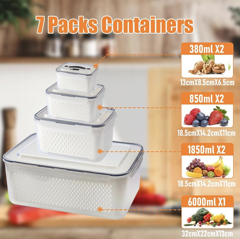 Downtown 7 PCS Food Storage Containers Set with Drain Basket Stackable Fridge Organizer Boxes Nesting Design