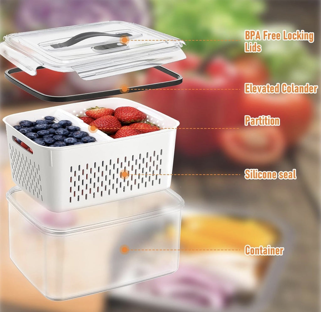 Downtown 7 PCS Food Storage Containers Set with Drain Basket Stackable Fridge Organizer Boxes Nesting Design