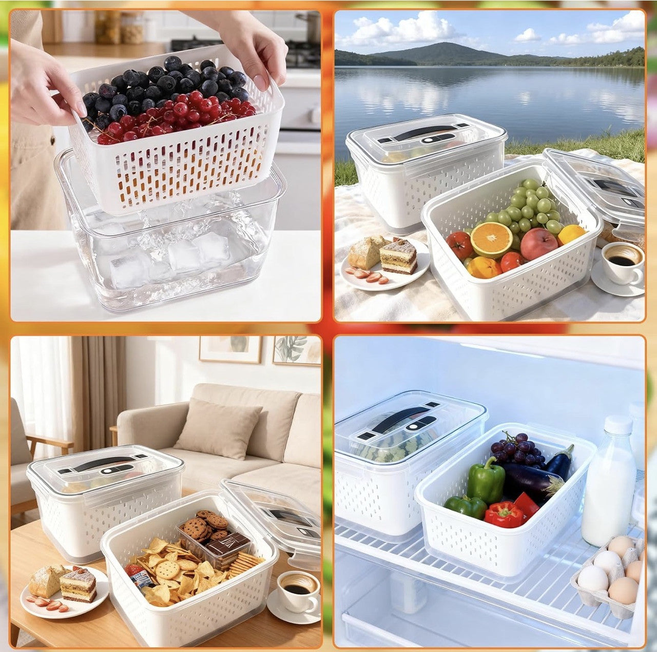 Downtown 7 PCS Food Storage Containers Set with Drain Basket Stackable Fridge Organizer Boxes Nesting Design