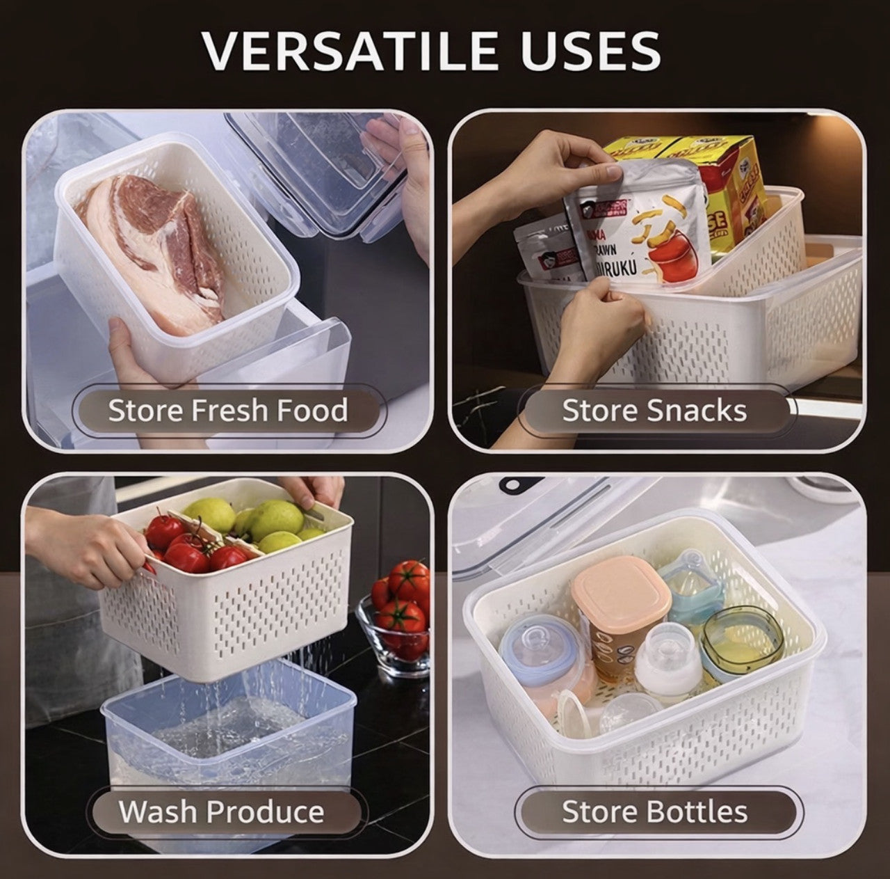 Downtown 7 PCS Food Storage Containers Set with Drain Basket Stackable Fridge Organizer Boxes Nesting Design