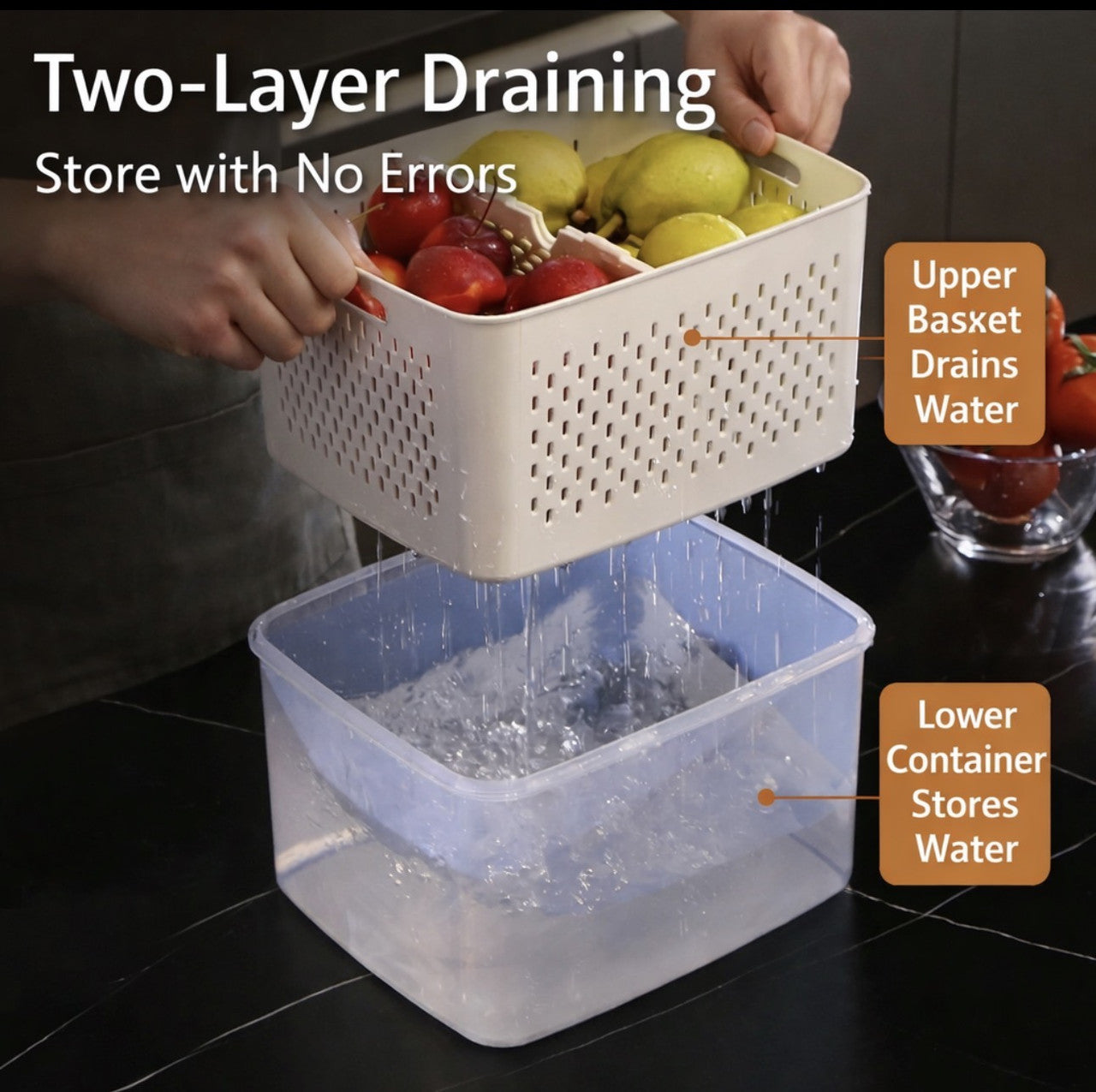 Downtown 7 PCS Food Storage Containers Set with Drain Basket Stackable Fridge Organizer Boxes Nesting Design