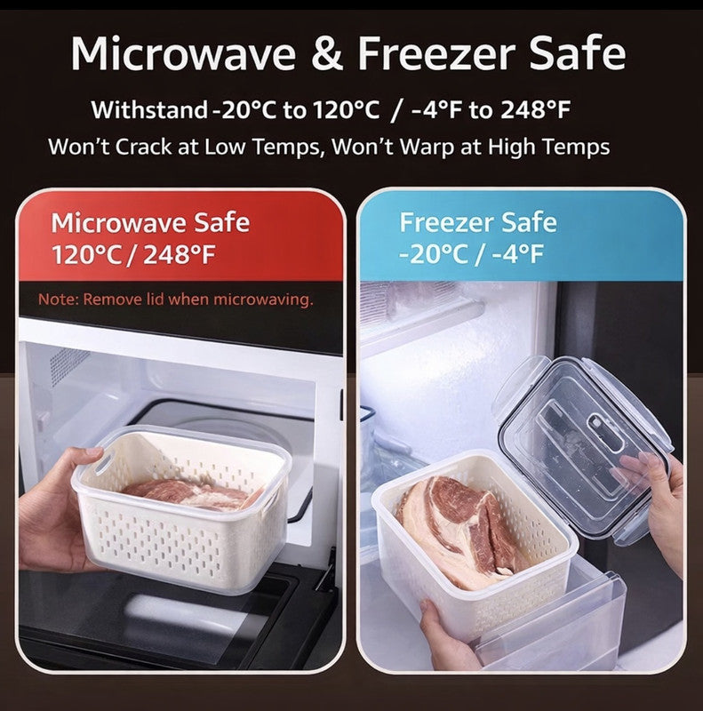 Downtown 7 PCS Food Storage Containers Set with Drain Basket Stackable Fridge Organizer Boxes Nesting Design