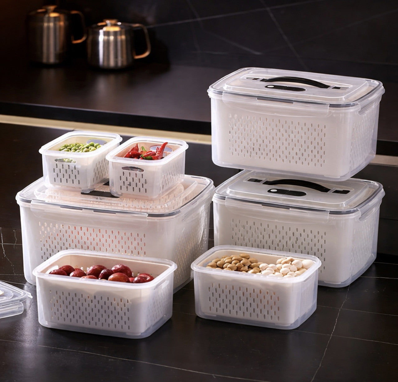 Downtown 7 PCS Food Storage Containers Set with Drain Basket Stackable Fridge Organizer Boxes Nesting Design