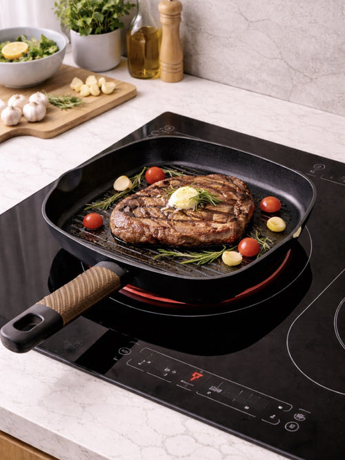 Downtown 28cm Nonstick Grill Pan with Ridged Surface – Square Frying Pan for Steak Chicken and Vegetables