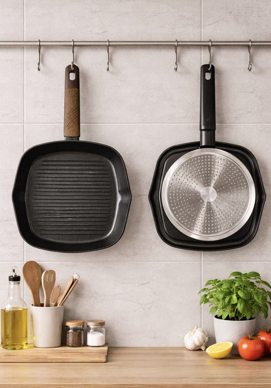 Downtown 28cm Nonstick Grill Pan with Ridged Surface – Square Frying Pan for Steak Chicken and Vegetables