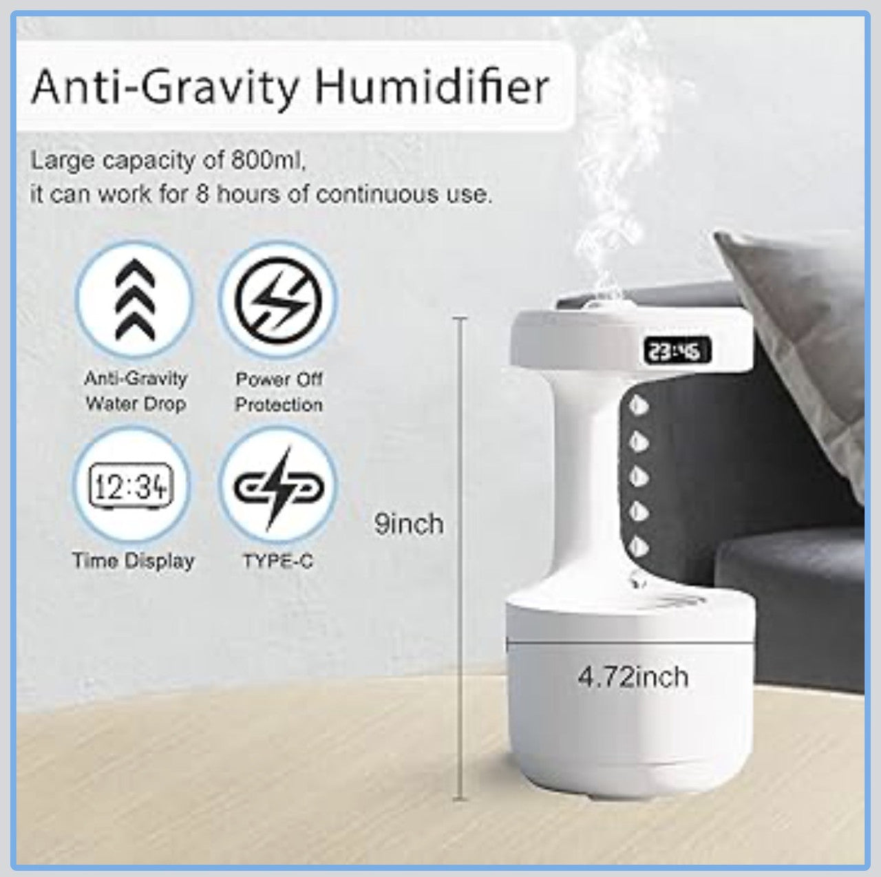 Downtown Ultrasonic Air Humidifier with LED Display Quiet Desk Humidifier USB Rechargeable Water Drop Mist Aroma Diffuser