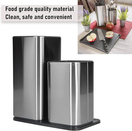 Downtown Stainless Steel Knife Block Set with Dual Holder – Modern Kitchen Knife Storage Stand Organizer