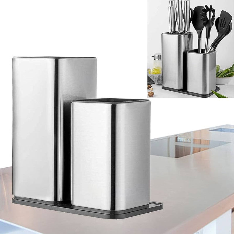 Downtown Stainless Steel Knife Block Set with Dual Holder – Modern Kitchen Knife Storage Stand Organizer
