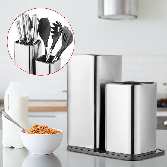 Downtown Stainless Steel Knife Block Set with Dual Holder – Modern Kitchen Knife Storage Stand Organizer