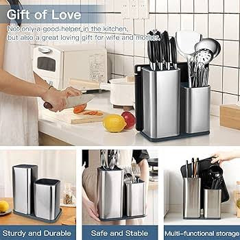 Downtown Stainless Steel Knife Block Set with Dual Holder – Modern Kitchen Knife Storage Stand Organizer