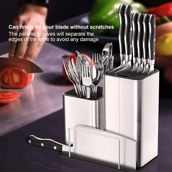 Downtown Stainless Steel Knife Block Set with Dual Holder – Modern Kitchen Knife Storage Stand Organizer