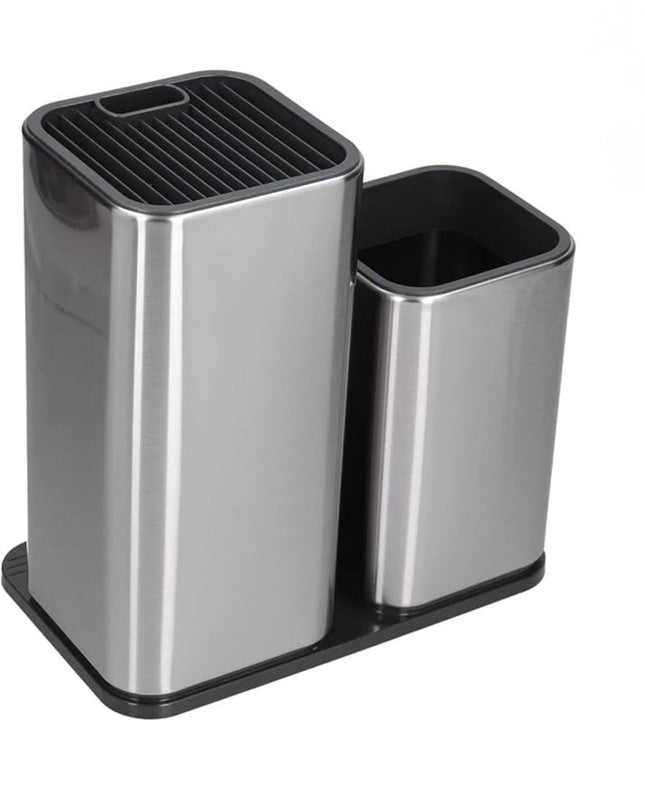 Downtown Stainless Steel Knife Block Set with Dual Holder – Modern Kitchen Knife Storage Stand Organizer
