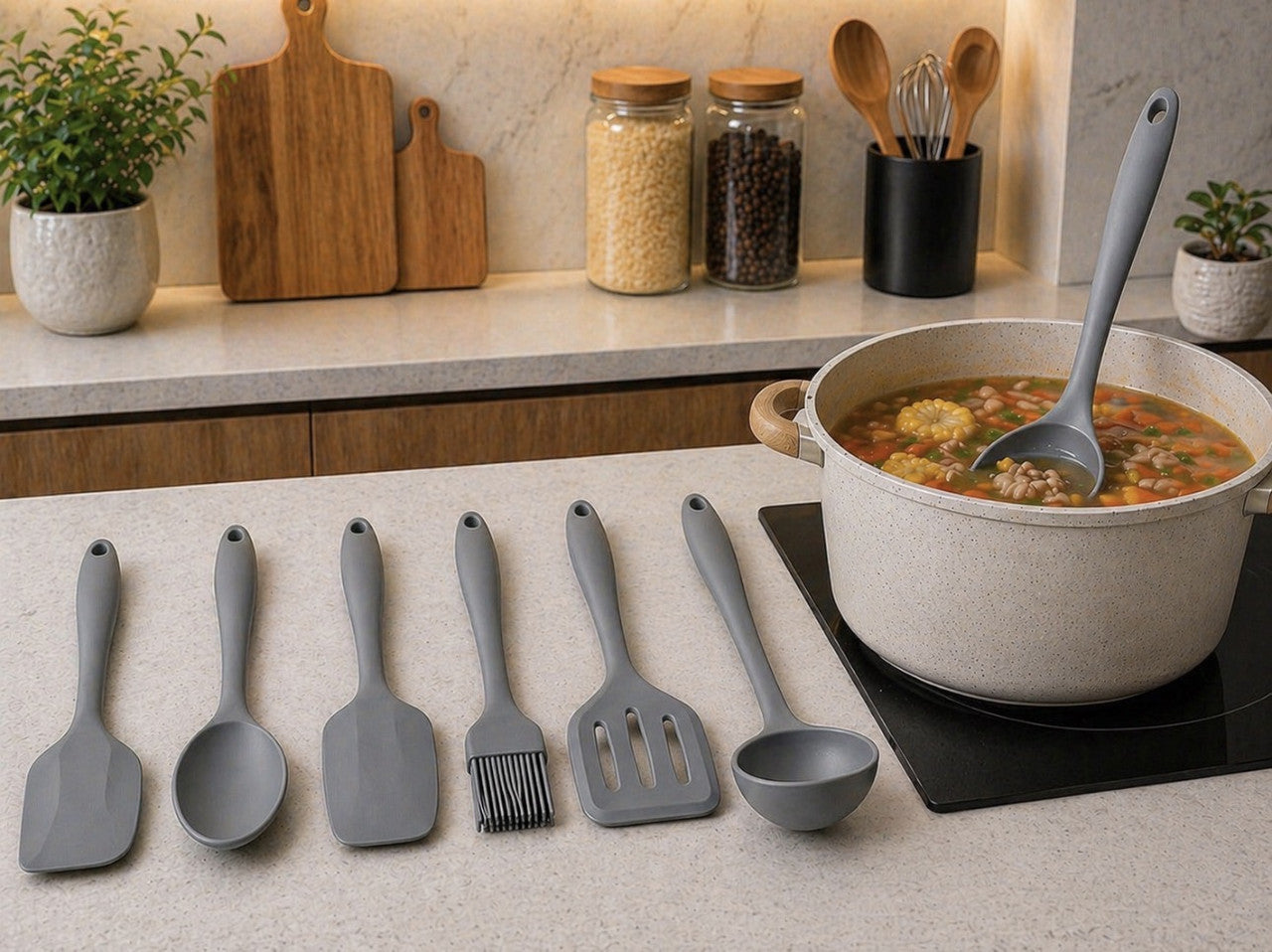 Downtown Silicone Kitchen Utensil Mini Set Grey – Heat Resistant Non Stick Cooking Tools with Hanging Ring