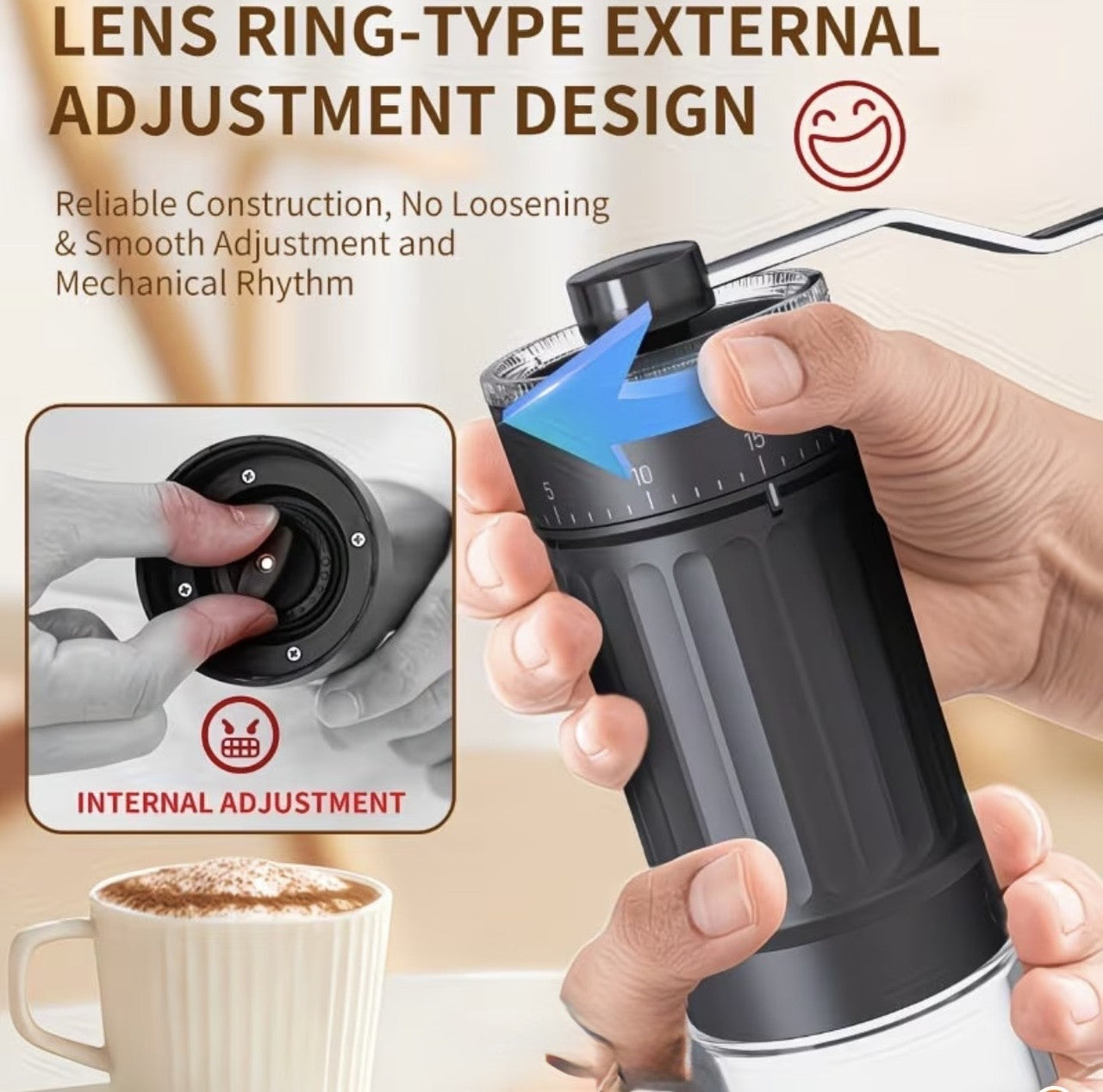 Downtown Manual Coffee Grinder with Adjustable Settings – Portable Hand Crank Coffee Bean Grinder with Glass Jar