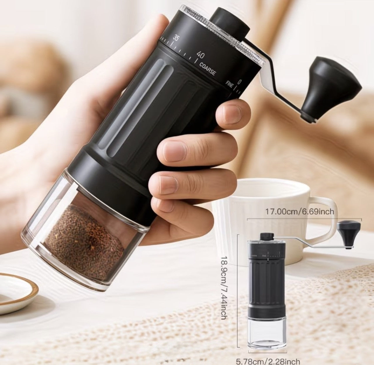 Downtown Manual Coffee Grinder with Adjustable Settings – Portable Hand Crank Coffee Bean Grinder with Glass Jar
