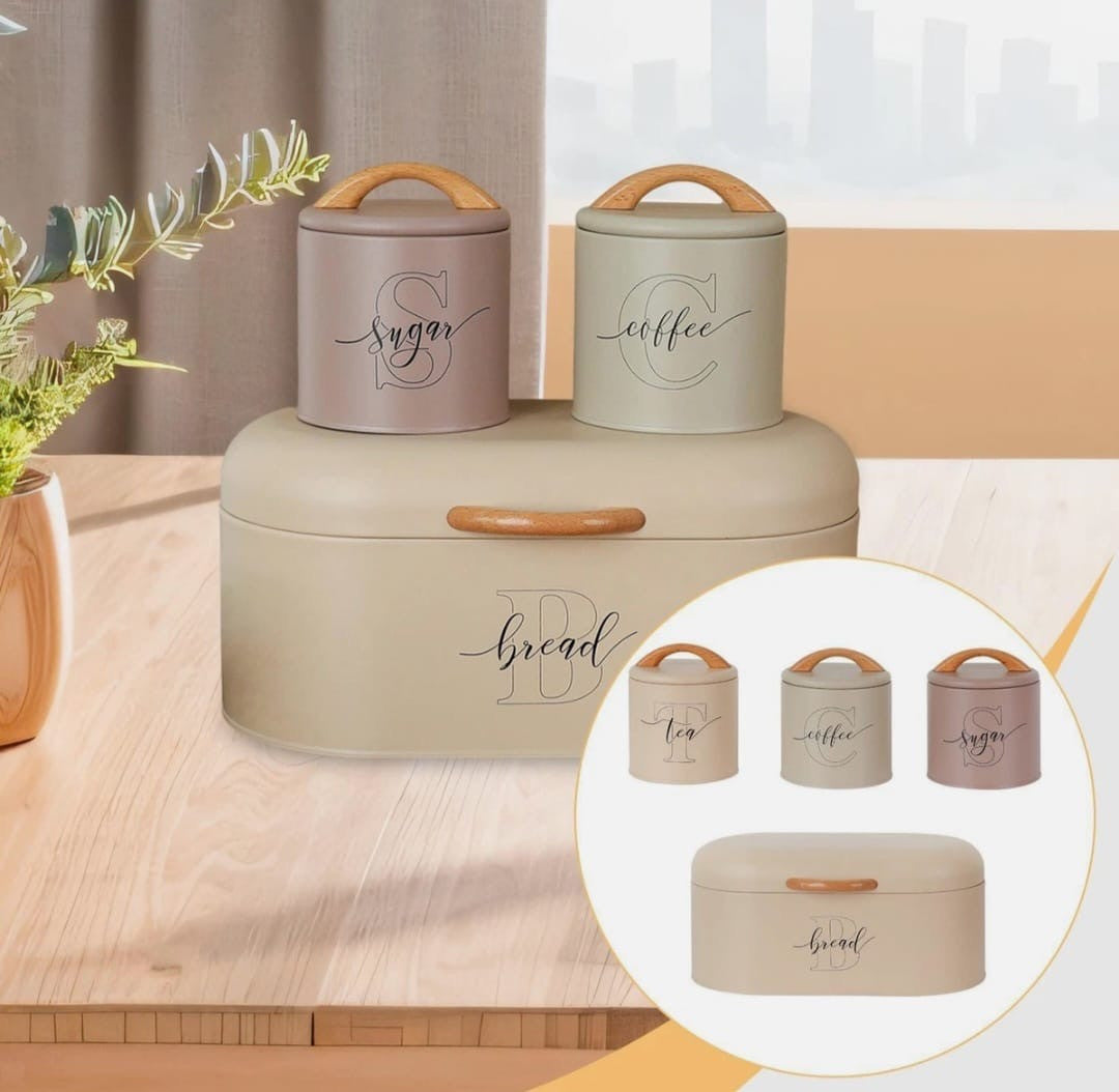 Downtown Bread Box with 3 Storage Canisters Set Metal Kitchen Storage Container Set for Bread Tea Coffee Sugar